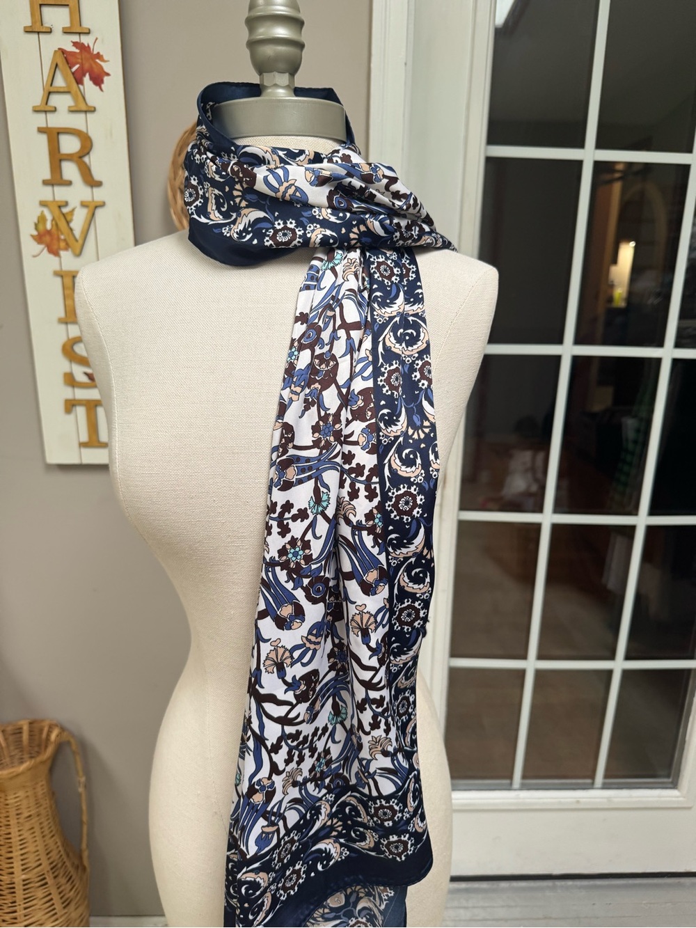 Sal Dünyası Bursa Silk Scarf Floral Tulip Blue Wrap Shawl Rectangle 60"x21"